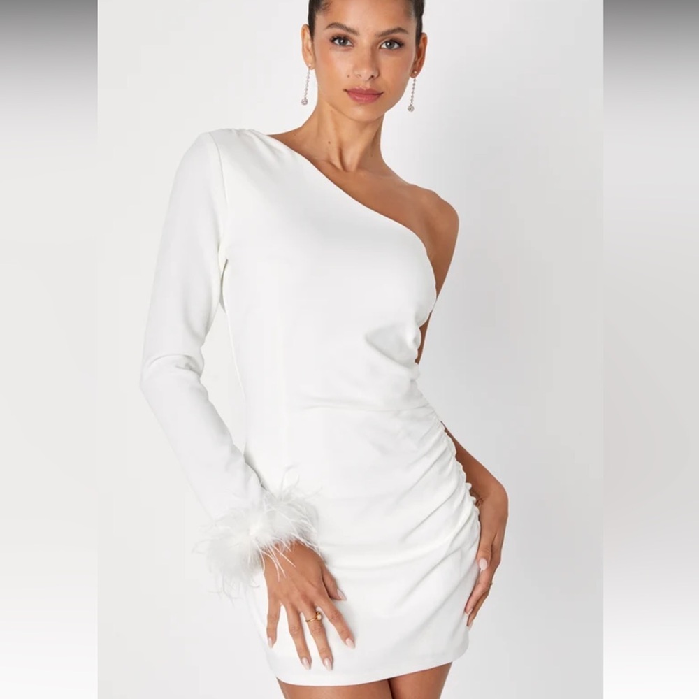 NWT - Lulus White One-Shoulder Feather Mini Dress